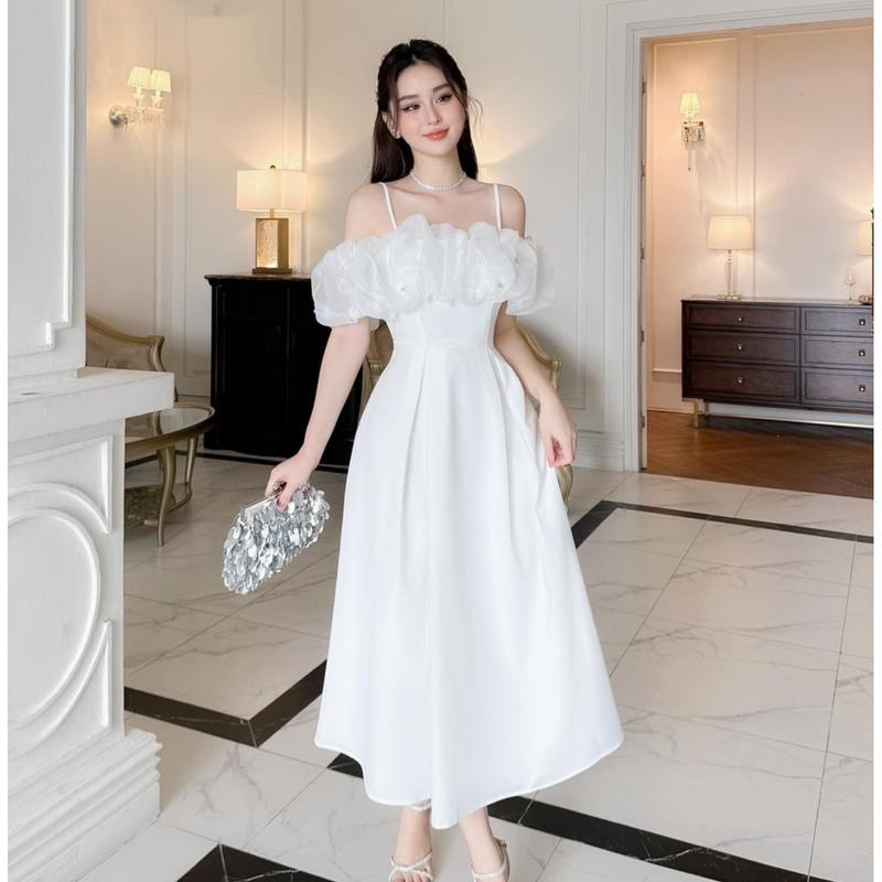 Đầm Dự tiệc Trắng Dài Sang Chảnh Trễ Vai 2 Dây Bèo Ngực Thiết Kế Xinh Nhẹ Nhàng Vải Tafta Đầm nữ Women Dress Thanh Lịch