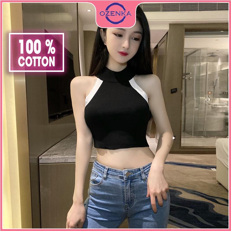 Áo croptop ôm sát nách cổ lọ nữ OZENKA , áo 3 lỗ cải màu chất thun gân cao cấp 100% cotton đen trắng Jean Denim Women Kem