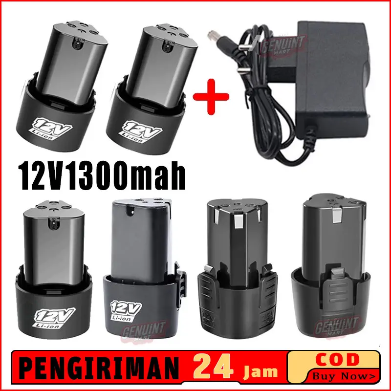 Baterai Mesin Bor Cas 12 Volt 1300mAh Cordless Drill+Charger/baterai lithium yang dapat diisi ulang berlaku untuk obeng listrik bor tanpa kabel yang biasa digunakan untuk perkakas listrik batre bor cas 12 volt 3000 mah