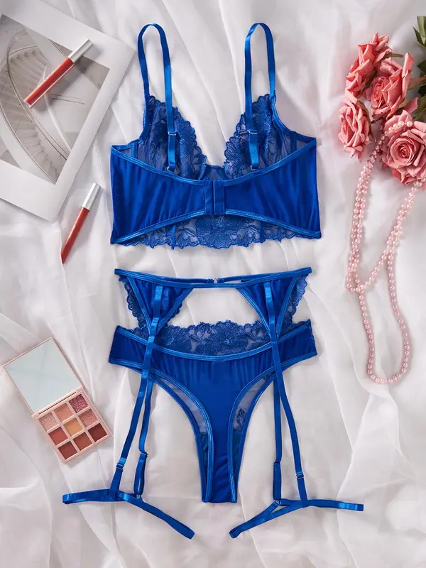 Women's Solid Lace Sexy Lingerie Three-Piece Set, Push Up Bra & Thong & Garter Belt Set, Soft Comfy Breathable Lingerie Set for Women 7