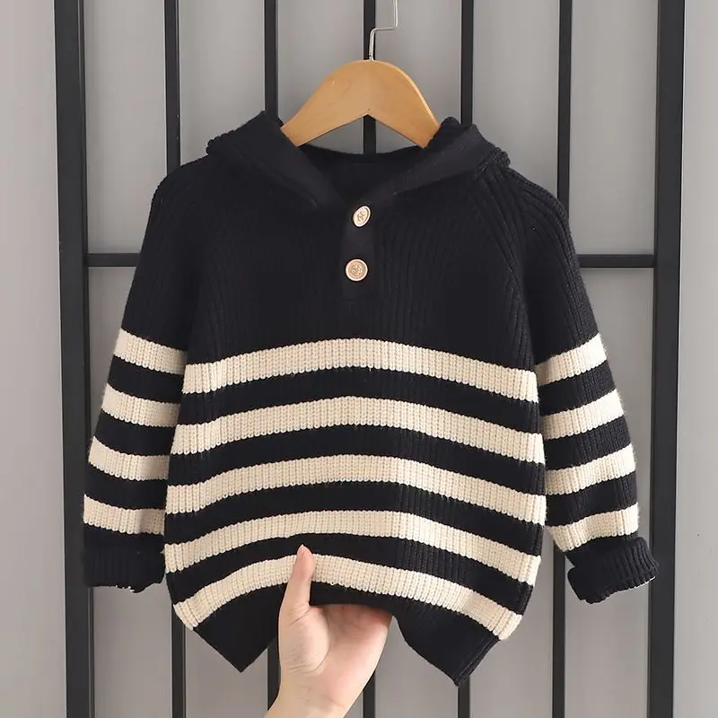 Áo len mới, sọc, cho bé trai và bé gái, thích hợp cho mùa thu và mùa đông, áo hoodie trẻ em, đồ dệt kim, quần áo trẻ em, áo khoác len, 2024 1