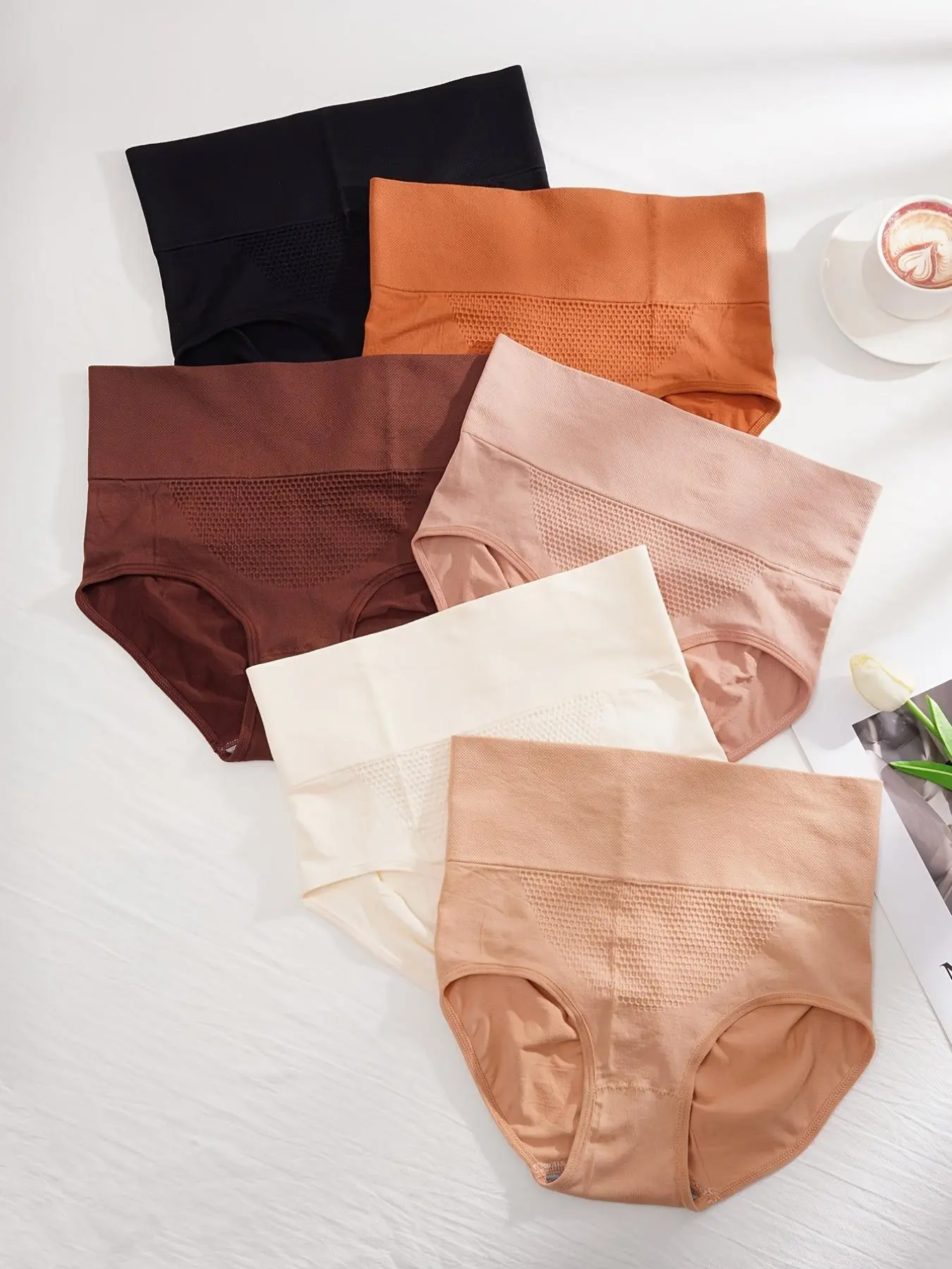 Women's 6pcs Solid High Waist Honeycomb Panty, Soft Comfy Breathable Seamless Knicker for Daily Wear, Tummy Control Butt Lift Underwear for All Seasons