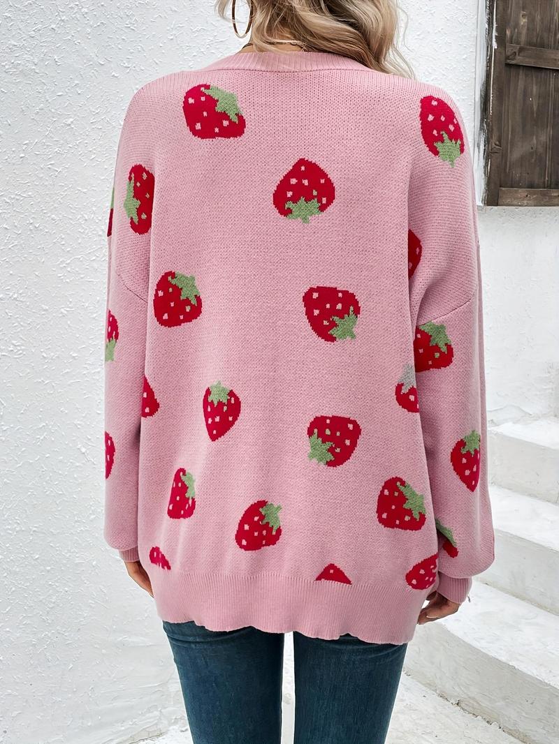 Product Introduction of Women's Strawberry Print Drop Shoulder Cardigan, Casual Cute Long Sleeve Knitwear for Daily Outdoor Wear, Women's Knitwear for Fall & Winter 10