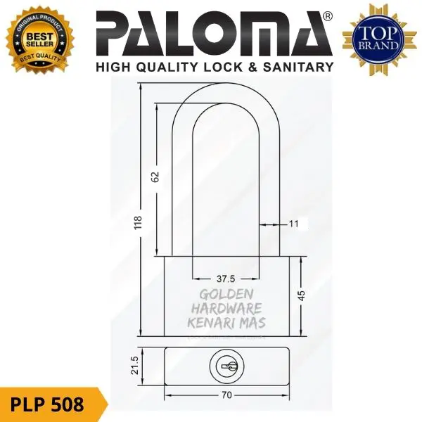 PALOMA PLP 508 GEMBOK PAGAR PANJANG PADLOCK LONG P-500 70MM CHROME 2