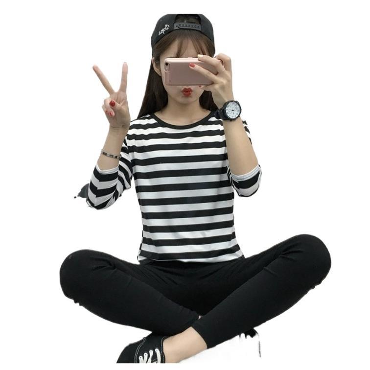 Áo Thun Nữ Dài Tay, F # 029, Dáng Rộng Vừa Vặn, Có Lớp Lót Bên Trong Và Có Thể Mặc Bên Ngoài, Thích Hợp Cho Mùa Thu Và Mùa Xuân, Sọc Đen Và Trắng, Vừa Vặn Tuyệt Vời, Thời Trang, Top Women Cổ Tròn 7