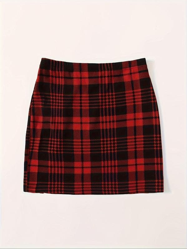 Women's Plaid Print Split Hem Skirt, Elegant Fashion Casual Short Skirt for Daily Outdoor Wear, Women's Bottoms for Spring & Fall 1