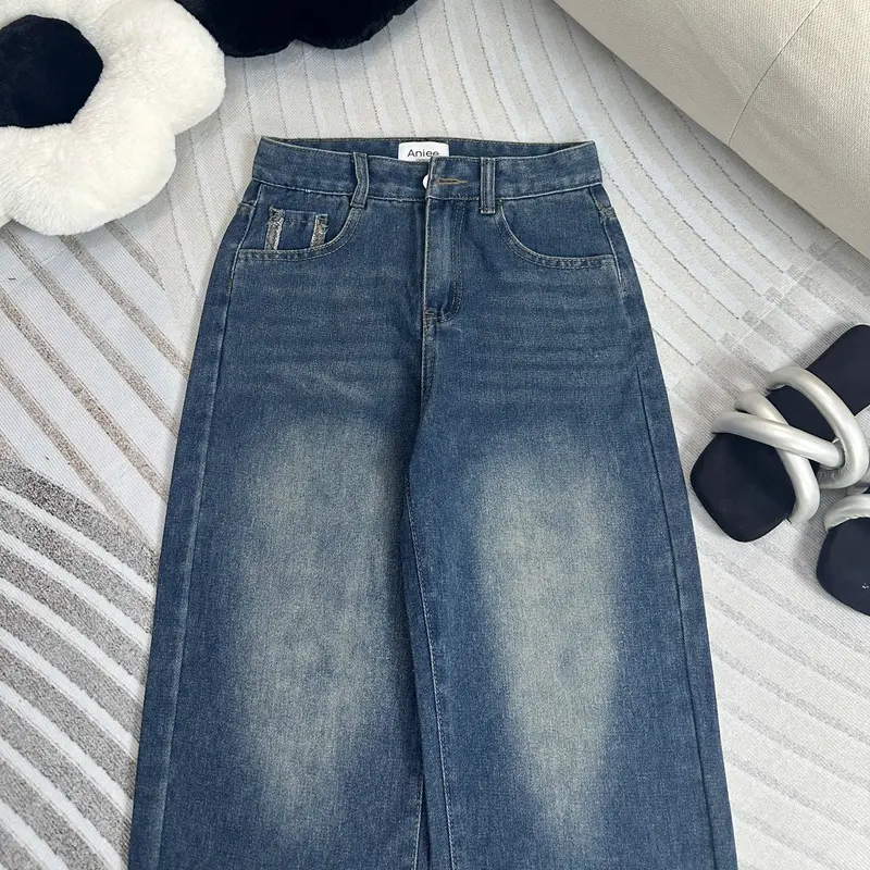 Quần jean ống rộng,quần bò nữ ống suông Aniee cạp cao thêu nơ túi vải denim màu xanh sáng dài 90-92cm dành cho nấm lùn - SUONGTHEUNO Women 6