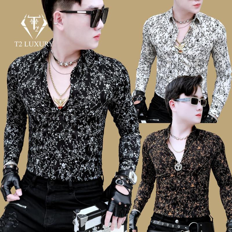Áo sơ mi nam họa tiết hoa dây cách điệu 2 màu phom ôm đẹp vải lụa mát mịn phong cách sang trọng Menswear Kem - Shirt