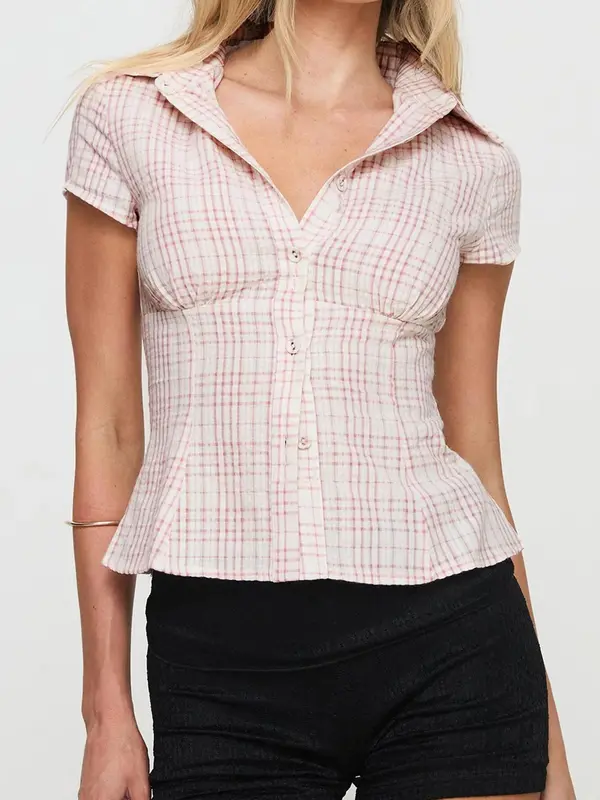 Women's Plaid Blouse, Casual Slim-fitting Short Sleeve Collar Top for Summer, Women's Clothes for Daily Wear, Skinny Womenswear, Classy Tops, Clothes for Women 2