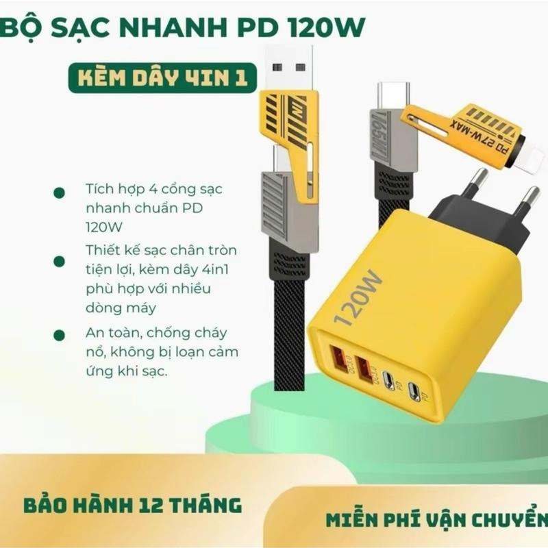 Bộ sạc nhanh 120w gồm củ sạc và dây sạc , 4 đầu sạc USB A/Type C/Lightning, hỗ trợ sạc nhanh, bảo hành 12 tháng 2