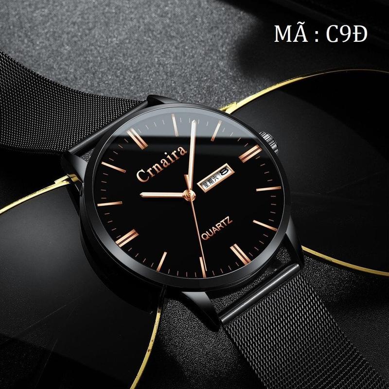 Đồng Hồ Nam CRNAIRA C9 Lịch đôi thứ và ngày, có dạ quang dây lưới tự điều chỉnh dây, TẶNG FULL BOX HỘP, PIN DỰ PHÒNG ĐỒNG HỒ ,KHĂN MỊN LAU ( SỐ LƯỢNG QUÀ TẶNG CÓ HẠN)