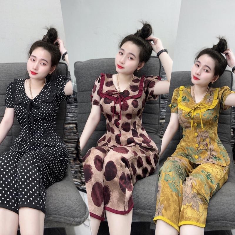 [ QUẦN 9 TẤC ]  Đồ bộ lụa Mango tay ngắn cổ bèo viền quần - nhấn ben áo xinh mềm mát Tay Loe Top Ống Loe Dress