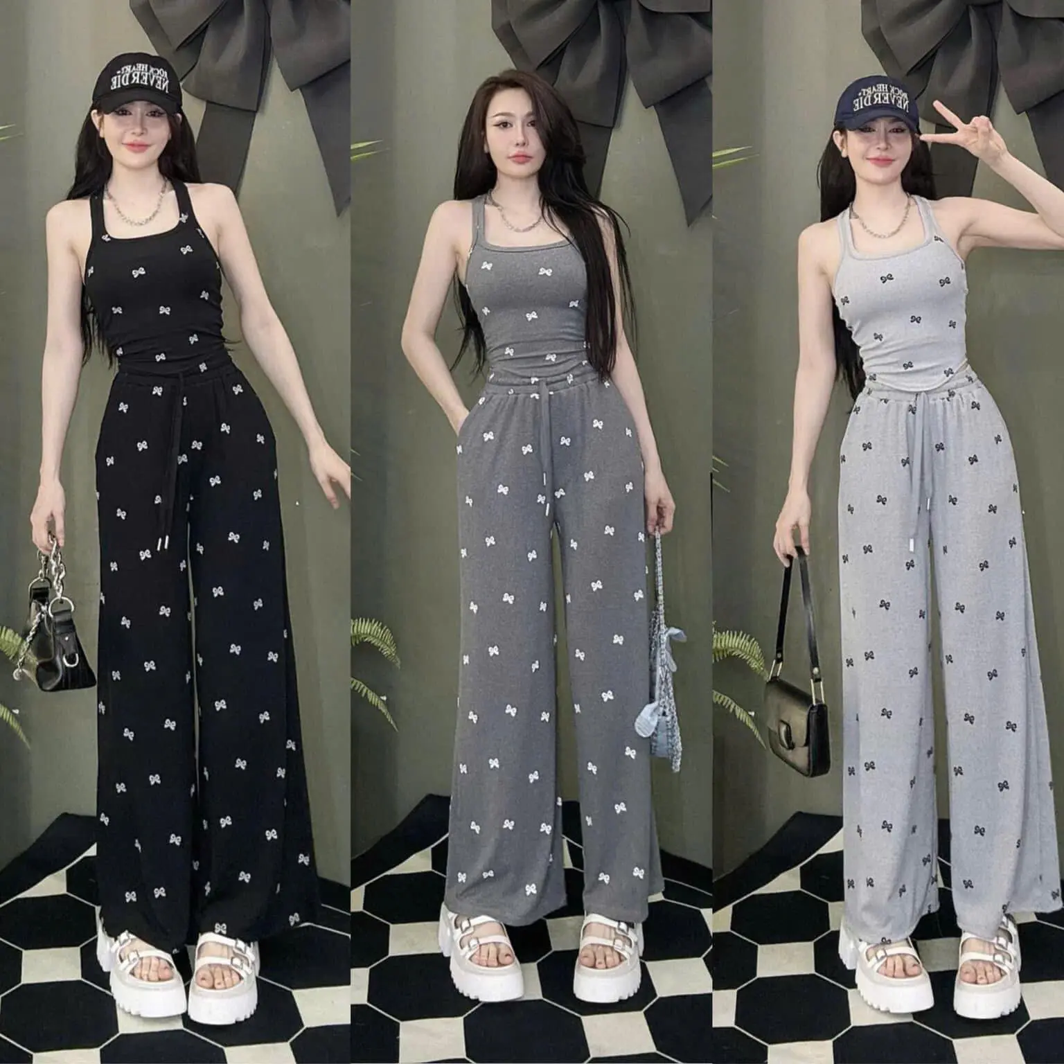 Set Nữ Thun Tăm Lạnh Áo Ngắn Croptop Kèm Quần Dài In Nơ Trẻ Trung Năng Động Women Kem Top