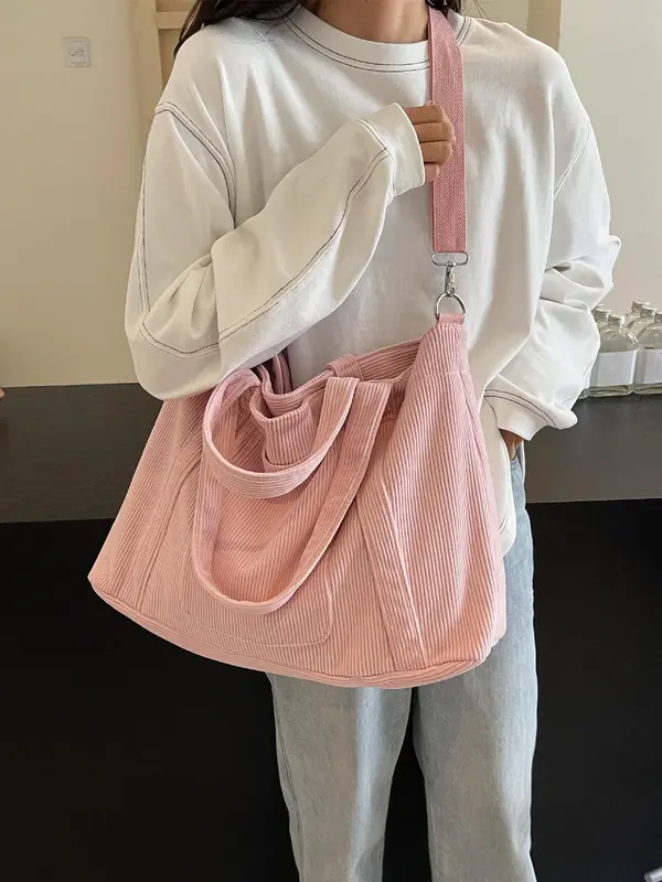 Women's Solid Color Corduroy Crossbody Bag, Fashionable Large Capacity Shoulder Bag for Daily Commute, Casual Trendy Versatile High-quality Daily Commuting Bag 2
