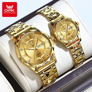 OPK Couple Watch Waterproof Original Quartz Stainless Gold Wristwatch Set Anniversary Christmas Gift 6023
