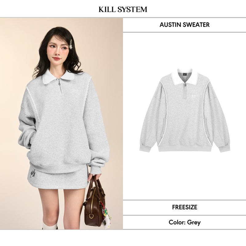 Áo sweater nỉ bông cổ sơ mi Austin phối viền ren - Killsystem