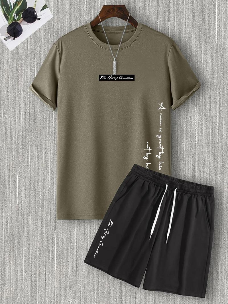 Product Introduction of Two-Piece Set Men's Letter Print Tee & Drawstring Pocket Shorts Set, Regular Fit Casual Short Sleeve T-Shirt & Shorts, Men Summer Outfits 2024 7