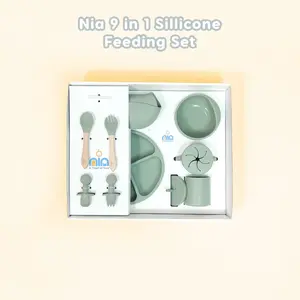 Peralatan Makan Bayi Lengkap Bahan Silikon BPA FREE Feeding Set Nia 9in1 Silicone Biru Garpu