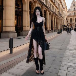 Sexy Pure Desire Lace Strap Dress with Split Hem Summer Elegant Design Irregular Skirt Hot Girl Short Dress