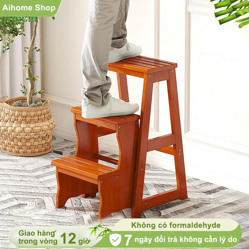 Aihome Shop Ghế thang đa năng xếp gọn Ghế thắp nhang 3 bậc xếp gọn, gỗ cao su Ghế Xếp Bằng Gỗ Trơn Đa Chức Năng Dùng Trong Nhà / Leo Núi