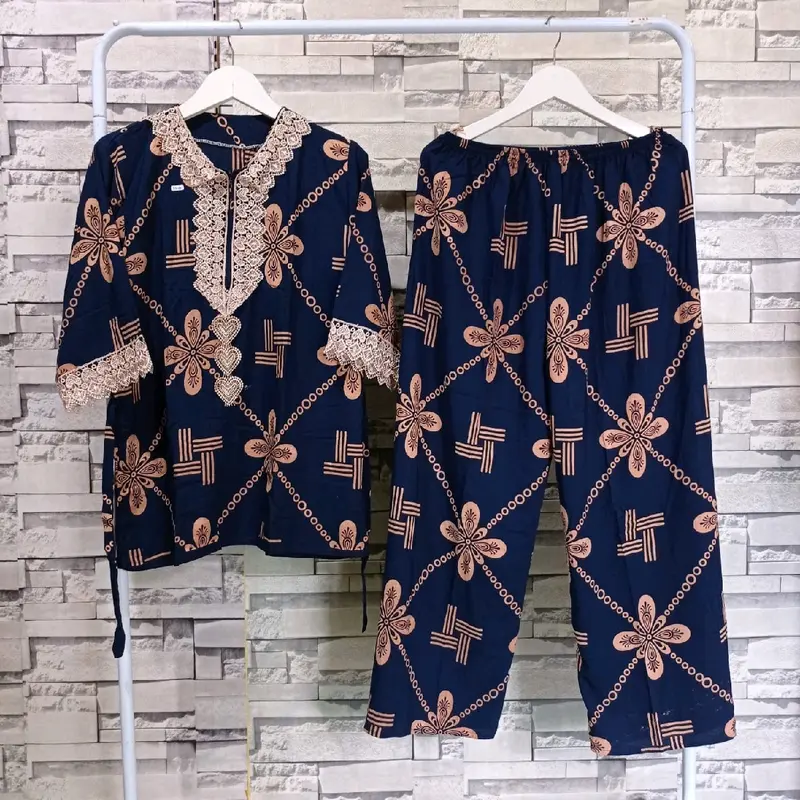 Setelan renda arabian resleting depan busui one set motif Bunga Celana Panjang Rayon 1