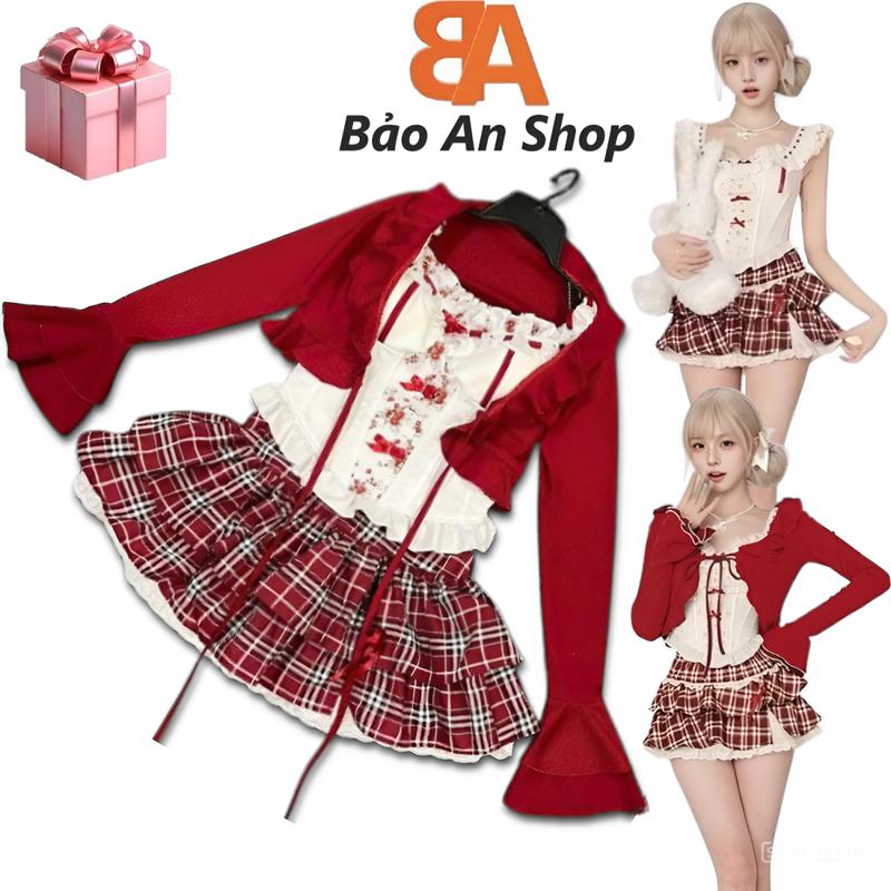    SB-34   Sét bộ nữ 3 Món áo khoác bèo tay loe Và chân váy caro 2 tầng lưng thun Free Size dưới 54kg Nữ Women Top Voi 