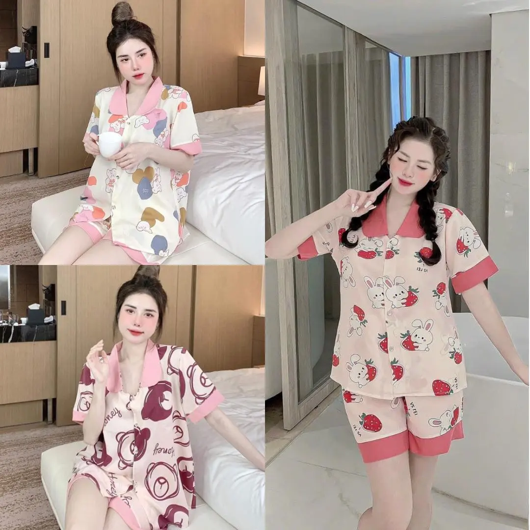 Combo 3 Đồ bộ Cộc ( Quần đùi) Pijama Nữ họa tiết phối viền chất vải lụa mềm nhẹ Quần Ngủ