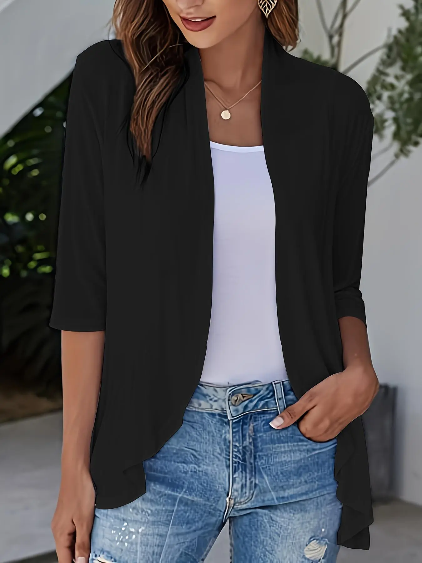 Women's Solid Ruffle Hem Open Front Jacket, Casual Half Sleeve Outerwear for Daily Wear, Ladies Clothes for All Seasons