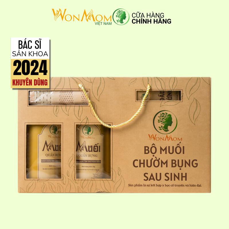  Combo Muối Quấn Bụng Sau Sinh Cỡ Lớn Wonmom   4 hủ muối quấn bụng + 1 gen nịt bụng + 1 đai quấn muối + 1 dầu gừng massage  