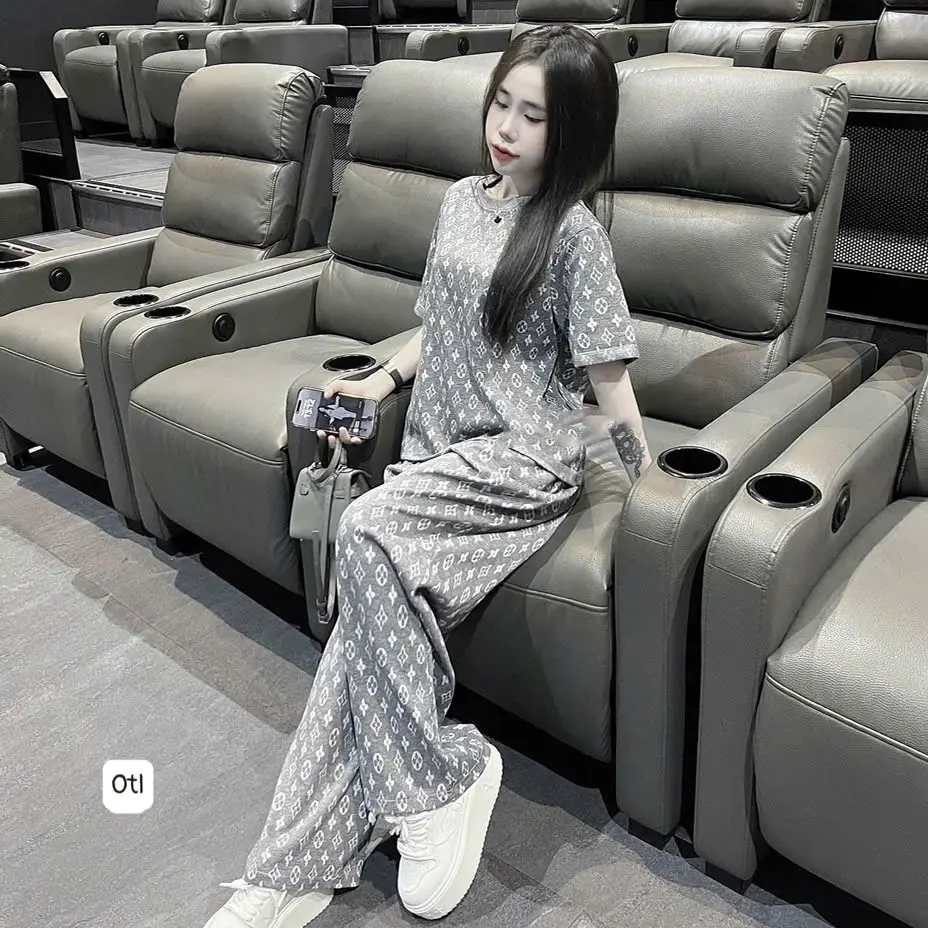 Bộ Quần Dài EO V Loang Xám Mix  Áo Thun Tay Lỡ Phối Ống Tay Chất Cotton Mềm Mịn Nữ Women