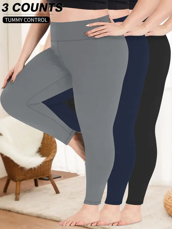 【Plus Size】 Solid High Waist Leggings, Casual Comfy Breathable Skinny Pants for Daily Wear, Women's Bottoms for All Seasons 5