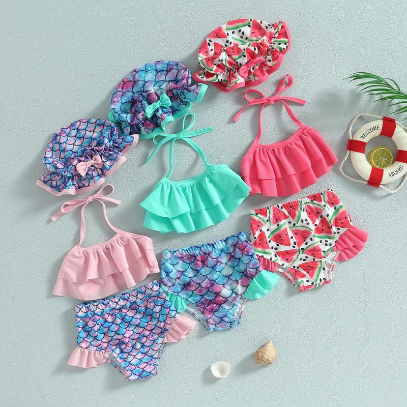  Áo Tắm Bikini Cho Bé Gái Không Tay Cổ Yếm Áo Vest Thích Hợp Đi Biển Và Hồ Bơi Quần Đùi Có Mũ Đi Kèm 