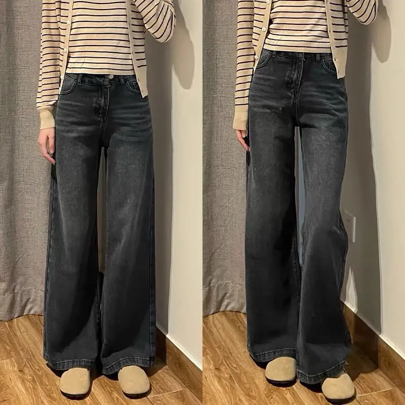 Quần jean ống rộng loe màu retro màu mài đen/trắng Women - Denim Pants 7613/6222 5