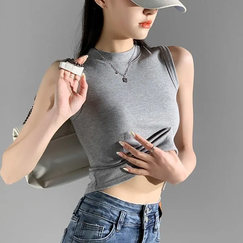 Áo Yếm Cổ Lọ Nửa, Dành Cho Nữ, Hàng Mới Về Mùa Thu 2024, Màu Trơn Áo Mặc Bên Ngoài, Ôm Vừa Vặn, Ngực Siêu Dáng Ôm, Có Thể Mặc Bên Trong, Áo Không Tay Top Women Cổ Tròn Tua Rua Umi Denim 7