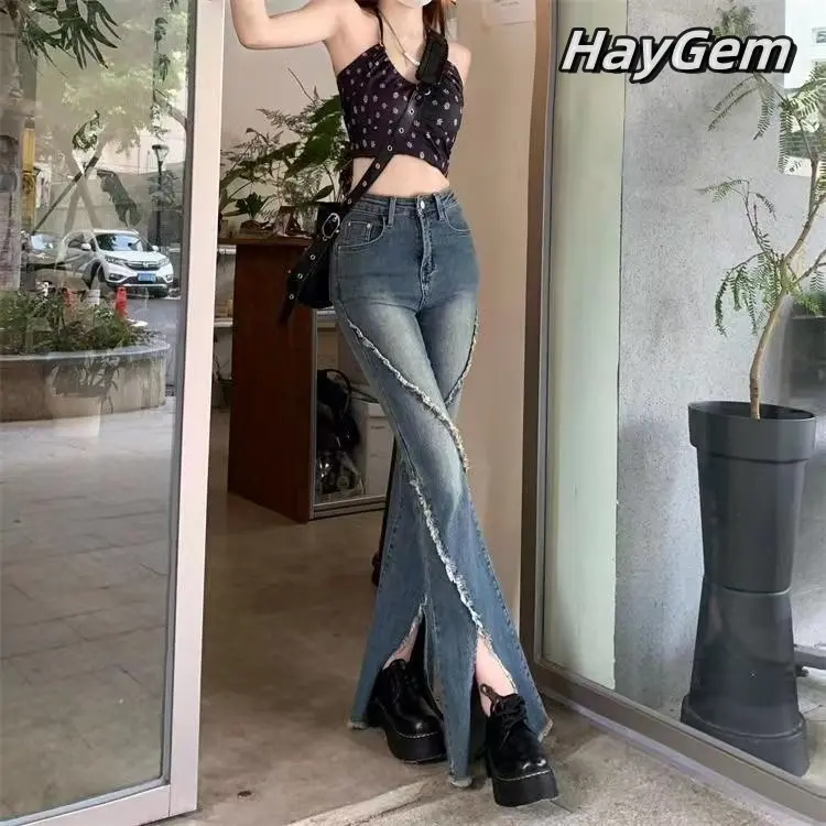 Retro Phiên Bản Hàn Quốc Nguyên Viền Chia Hơi Thon Gọn Hơn Quần Jeans Nữ Cao Cấp Co Giãn Phù Hợp Với Tất Cả Các Hot Girl Thiết Kế Quần Ống Rộng Ong Pants Women Women