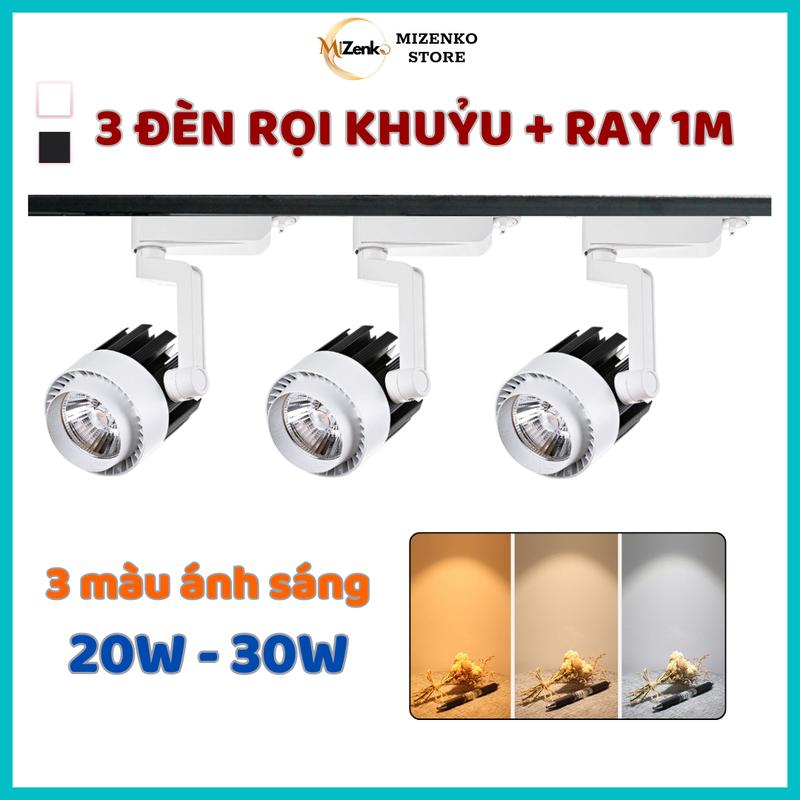 Combo 3 Đèn Rọi Khuỷu MIZENKO KC323 Vỏ Đen Trắng 20W/ 30W + Thanh ray 1 mét - Đèn Rọi Ray Gắn Tường Trang Trí Cửa Hàng