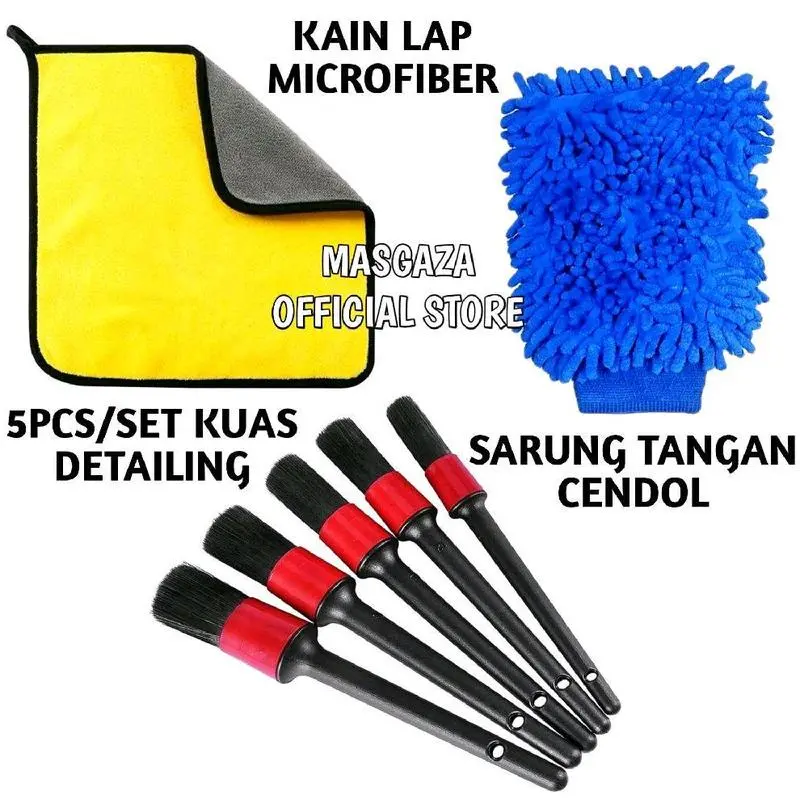 Paket 3in1 Kain Lap Microfiber - Sarung Tangan Cendol - Kuas Detailing Set 5 Pcs Cleaning