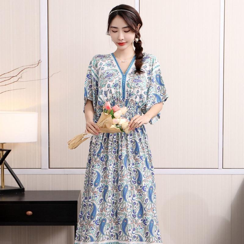 Váy Cổ Chữ V In Họa Tiết Lụa Bông Phong Cách Bohemian Hàng Mới Về Mùa Hè, Váy Dài Ôm Cạp Cao Thanh Lịch, Thích Hợp Đi Du Lịch / Đi Kỳ Nghỉ 3