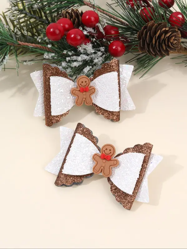 Cute Gingerbread Man Decor Bowknot Design Hair Clips, Glitter Hair Accessories for Girls, Fashion Hair Accessories for Party, Daily Clothing Decor 5