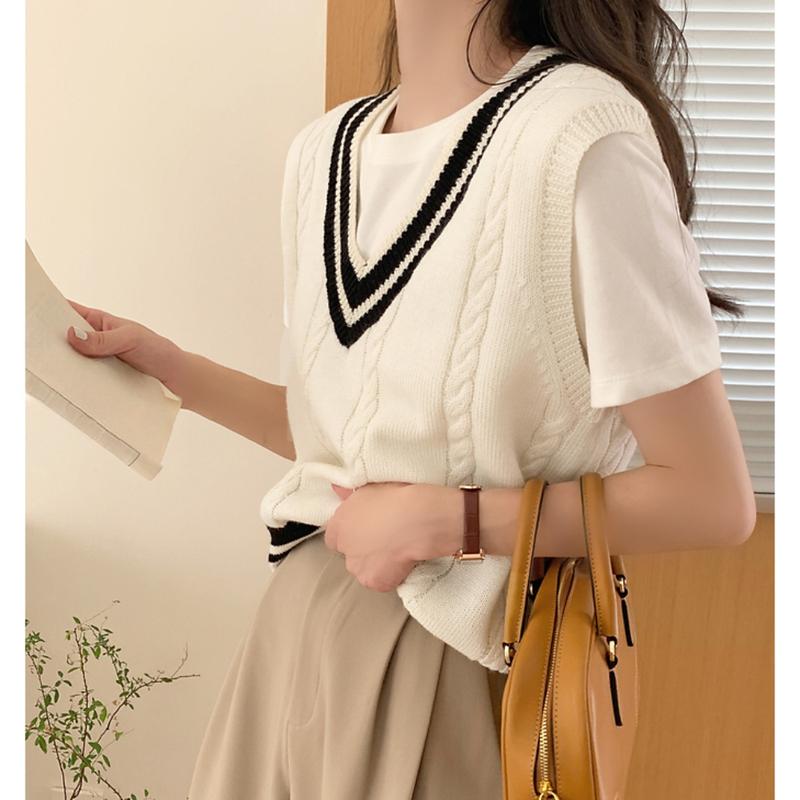 Sweater tanpa lengan dengan rompi bertindan, rompi rajutan dengan ...