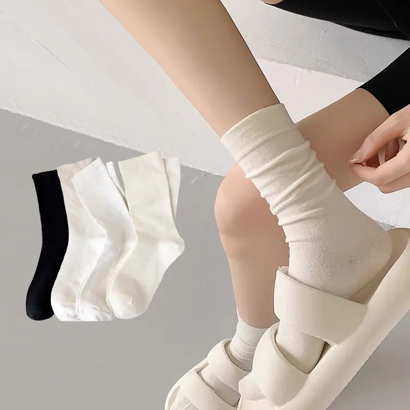 Tất Cổ Cao Nữ，Vớ cotton Cổ Cao Nữ Hàn Quốc Gân Trơn Nhiều Màu Kem Trắng Đen TATNU09 0