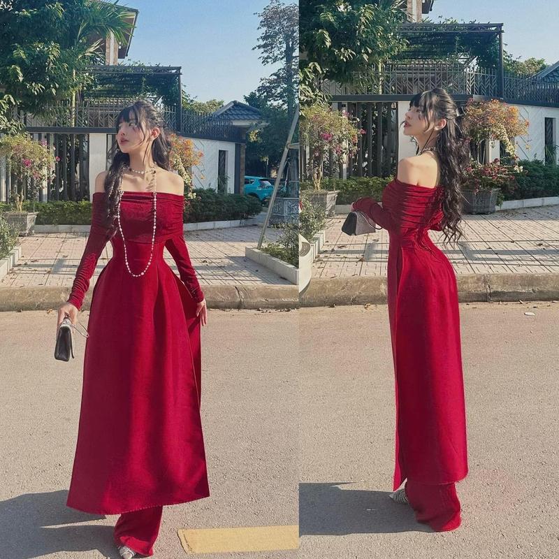  Set áo dài phối kèm quần lụa Z90 Nữ Women Voi Chấm Bi Kem Top 