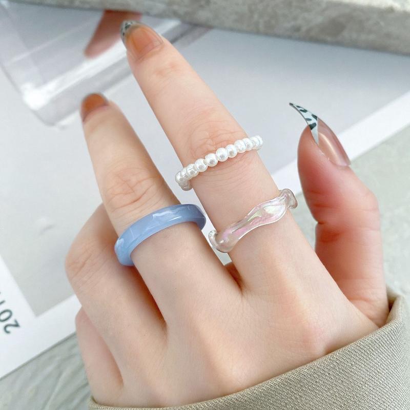 Enacolor 3Pcs/Set Fashion Resin Acrylic Circle Ring Adjust Beaded Pearl Rings for Women Girl Accessories 0