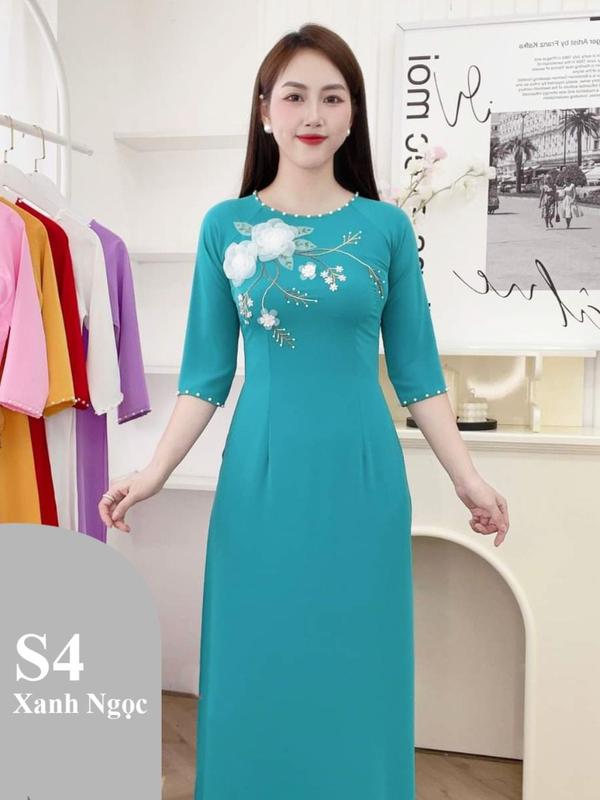 S4 Ao dài Xanh Ngọc Lụa Mỹ kết hoa thêu thủ công - Áo dài Nữ Women