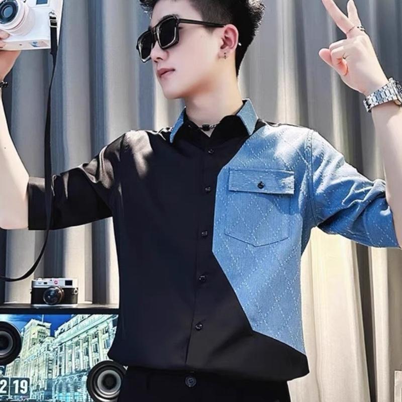 Áo sơ mi nam trắng tay lửng, Phối xanh in chéo chất lụa hàn dày dặn phong cách trẻ trung. Menswear