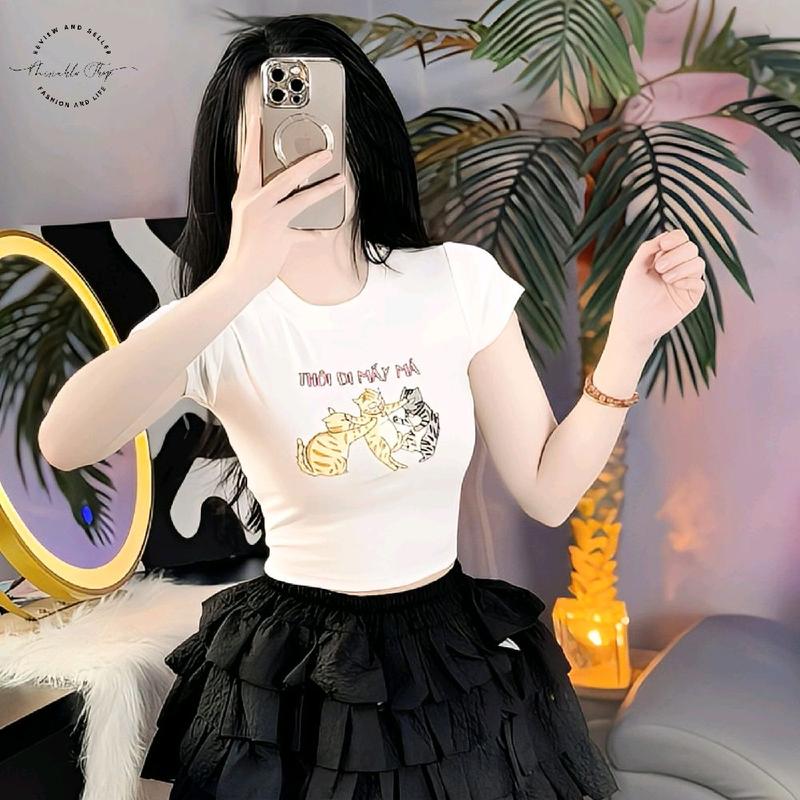 Áo Thun Croptop Thun Borip Form Basic Ôm Body In Hình Three Cat "Thôi Đi Mấy Má" Nữ Women Cổ Tròn Valentine 14/2 Dáng Ngắn 4