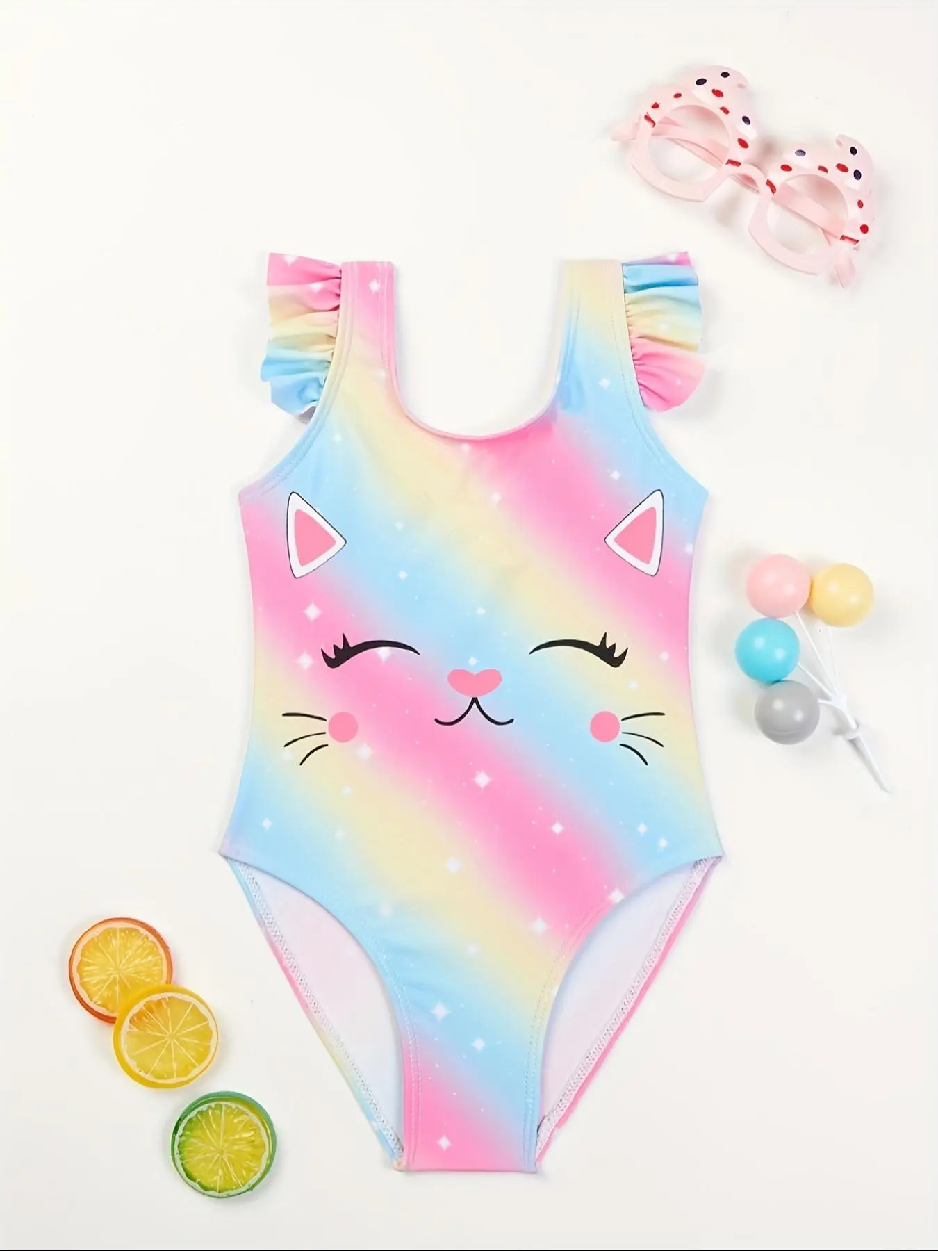 Cute Cartoon Cat Print Ruffle Trim One-Piece Swimsuit for Toddler Girls, High Stretch Cute Comfortable Breathable Sleeveless Swimwear for Kids, Kids Swimsuit for Beach Holiday Vacation