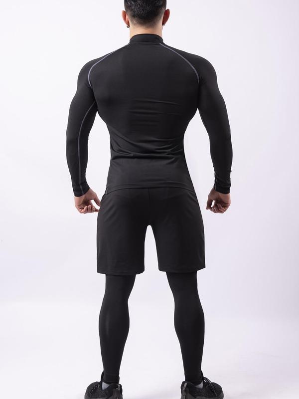 Three-Piece Set Sporty Men's Plain Tracksuit Set, Sport Mock Neck Tee & Drawstring Shorts & Letter Tape Leggings, Men's Sportswear for Gym Workout Running Training 2