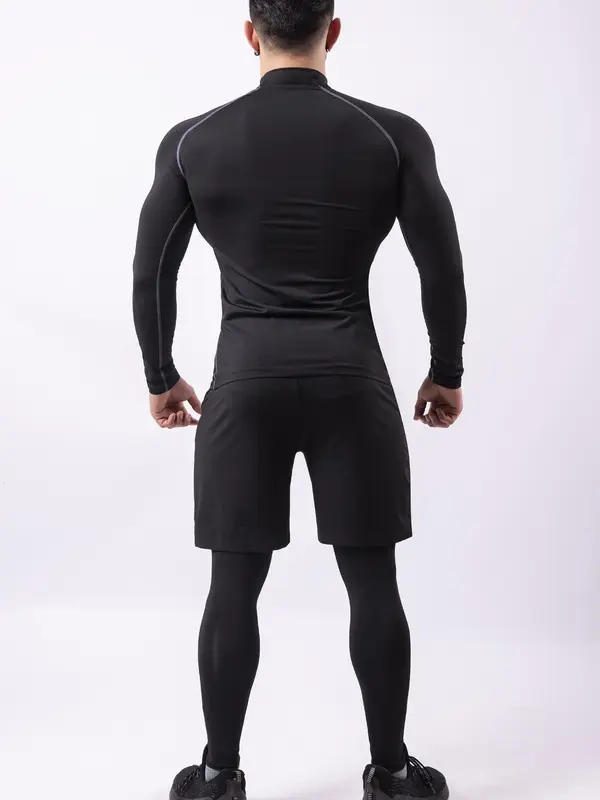 Three-Piece Set Sporty Men's Plain Tracksuit Set, Sport Mock Neck Tee & Drawstring Shorts & Letter Tape Leggings, Men's Sportswear for Gym Workout Running Training 2