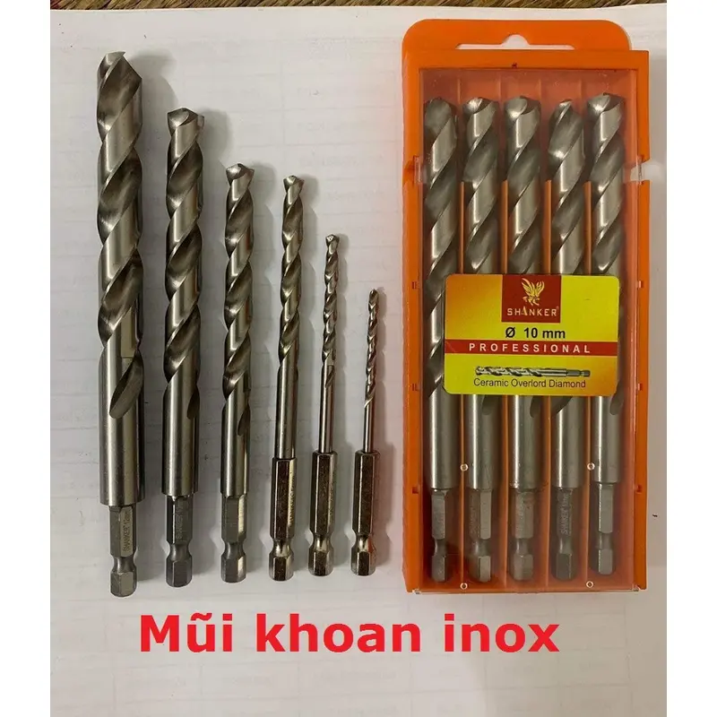 Mũi khoan inox SHANKER chuôi lục giác chuyên khoan inox,khoan sắt,khoan thép....Chất liệu thép gió HSS chuôi lục giác
